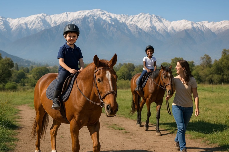 Sesión de equinoterapia en Santiago: terapeuta guiando a un paciente montado en caballo, en un entorno natural